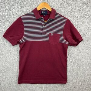 FRED PERRY Polo Shirt Men's S Burgundy Striped Slim Fit 100% Cotton Pique